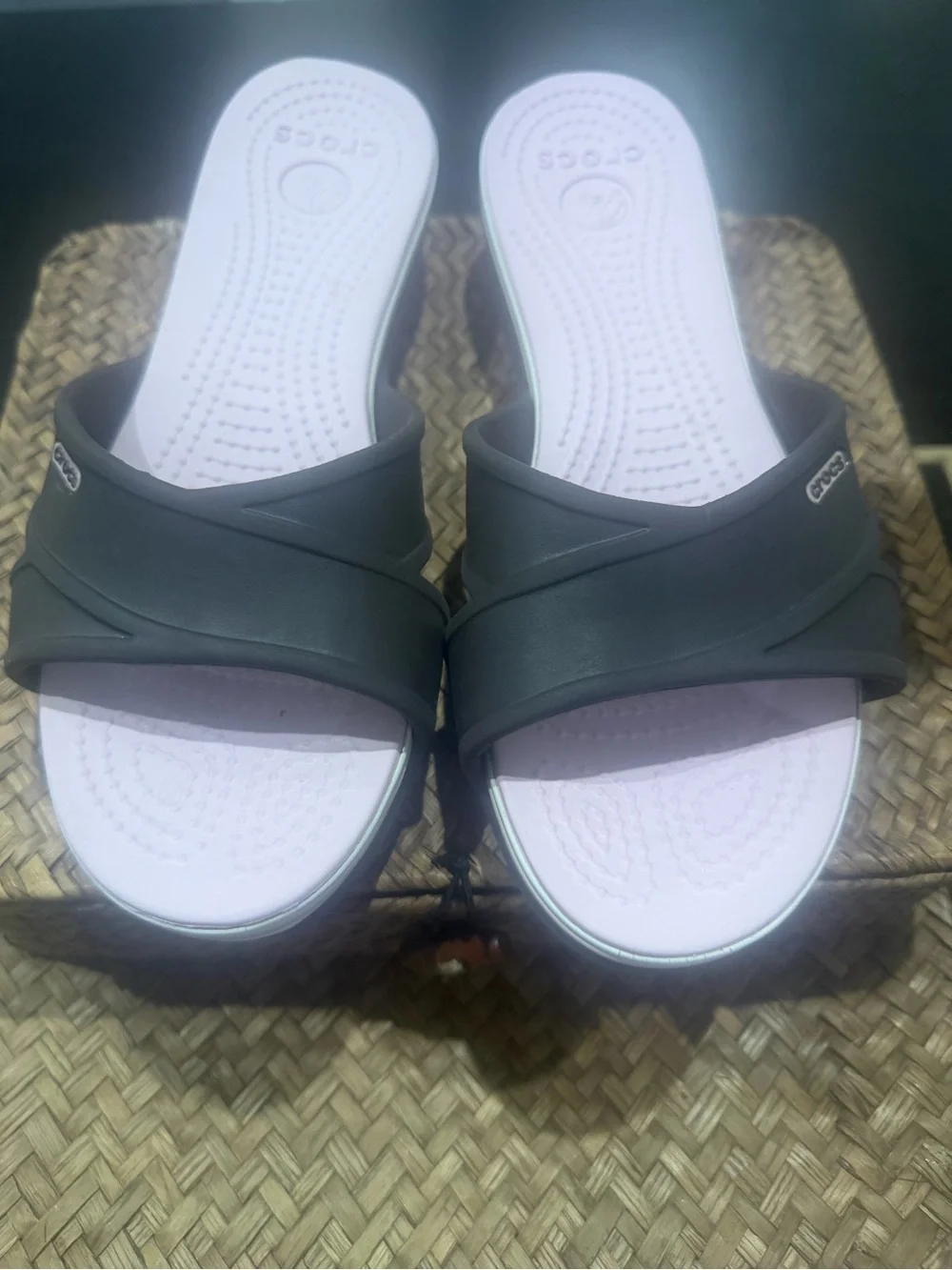 CROCS Women's Slide Sandals in Black Straps and Light Pink Footbed